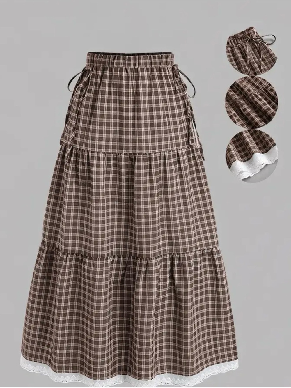 NWT Brown and Cream Plaid Tiered Maxi Skirt with Lace Trim, Multiple Sizes